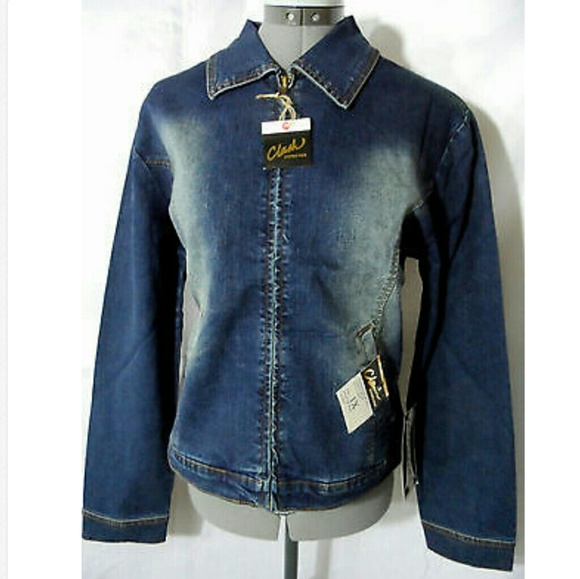 Nwt CLASH JEANS Jacket M Stone washed Dark denim - Picture 1 of 5